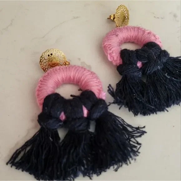 Handmade tassel hoops earrings macrame stainless steel new - Picture 3 of 9